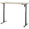 In hoogte verstelbaar bureau met licht houten tafelblad en grijs metalen frame. Hendel voor hoogteverstelling aan de zijkant.