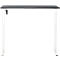 Statafel tegen een witte achtergrond. Donkergrijs tafelblad, witte poten. Hoogteverstelling aan de zijkant.