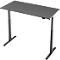 Een grijze, in hoogte verstelbare bureau tegen een witte achtergrond. Het frame is zwart, het tafelblad rechthoekig.