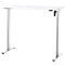 Een witte, in hoogte verstelbare bureau met zilveren poten. Aan de rechterkant zit een bediening.