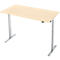 Een in hoogte verstelbaar bureau, lichtgeel tafelblad, zilveren poten. De bediening zit onder het tafelblad.