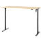 In hoogte verstelbaar bureau met licht houten blad en donker frame. Het verstelmechanisme is zichtbaar.