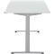 Een witte, in hoogte verstelbare statafel, staand op een witte achtergrond.