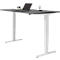 Een grijze, in hoogte verstelbare bureau met wit frame, laptop en kantooraccessoires.