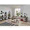 Bureau avec bureau en bois, étagères et chaise. Plantes et décorations sont présentes. Ambiance lumineuse et conviviale.