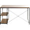 Bureau avec plateau en bois et pieds en métal noir. Deux étagères sont intégrées sur un côté.