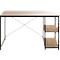 Bureau avec plateau en bois et structure en métal noir, deux étagères sur le côté.