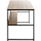 Bureau en bois avec cadre en métal noir. Plateau rectangulaire avec étagère.