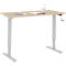 Bureau clair et réglable en hauteur, avec plateau clair et pieds gris. Papier, stylos et une bouteille d'eau sont posés sur le plateau.
