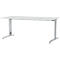 Un bureau rectangulaire blanc avec des pieds argentés. La hauteur est réglable.