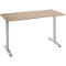 Un bureau beige avec des pieds en métal. Le plateau a un grain de bois, les pieds sont gris.