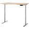 Bureau beige avec pieds gris réglables en hauteur. Il y a une commande sur le dessus de la table.