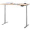 Bureau réglable en hauteur, plateau en bois clair, pieds en métal gris. Documents et un téléphone au-dessus.