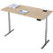 Un bureau en bois réglable en hauteur avec des pieds en métal gris et des fournitures de bureau.