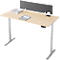 Bureau réglable en hauteur avec plateau de table brun clair et pieds gris. Des documents et une perforatrice se trouvent sur le bureau, derrière un mur insonorisé gris.