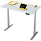 Bureau réglable en hauteur avec tablette, plateau jaune et agrafeuse. Pieds et plateau gris.