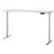 Bureau blanc à hauteur réglable. Pieds gris et une unité de contrôle sur le bord de la table.