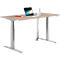 Bureau réglable en hauteur avec plateau en bois, ordinateur portable, carnet et guide-câble en spirale sur fond blanc.