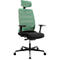 Bureaustoel met groene mesh rug, zwarte zitting en wielen.