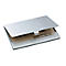 Silver business card holder, open with business cards. The card reads 'fucggerstraße 14 86150 augsburg'.