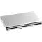 Silver, rectangular business card case with folding clasp. Top and bottom half form a unit.