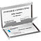 Open silver business card case filled with cards. Printed names and contact details.
