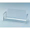 Transparent business card holder made of acrylic glass, with back and side parts. The holder stands on a light blue surface.