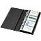 Opened black business card holder with cards in sleeves. Ring mechanism visible.
