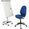 Whiteboard and blue office chair. The whiteboard stands on a silver frame with wheels. The chair has a black frame and wheels.