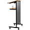 Lectern with shelf and glass, on castors. The lectern is black and wood-colored.