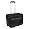 Black business trolley, extended telescopic handle, yellow decorative stripe.