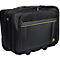 Black trolley suitcase with yellow accents. It has wheels, a handle and zippers.
