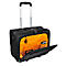Black rolling suitcase with orange interior. Handle extended, zipper compartment open.