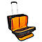 Black rolling suitcase, orange interior, with handle extended. The suitcase is open, showing interior compartments.