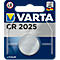 VARTA CR 2025 battery on blue background. Logo, product designation and warning signs are visible.