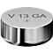 Round, silver button cell battery with "V 13 GA" and a plus sign.