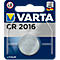 Varta CR 2016 lithium button cell, packaged on blue background. Logo, warnings and product designation.
