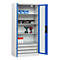 C+P Akkuladeschrank Acurado, abschließbar, mit Inneneinrichtung, B 930 x T 500 x H 1950 mm, Stahl, enzianblau RAL 5010/lichtgrau RAL 7035