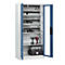 C+P Akkuladeschrank Acurado, abschließbar, mit Lüftung + Inneneinrichtung, B 930 x T 500 x H 1950 mm, Stahl, fernblau RAL 5023/lichtgrau RAL 7035