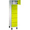 Kast met zes neon groene deuren, waarvan er één open is. De kast staat op zwarte poten, op een witte achtergrond.