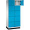 Blauwe locker met open en gesloten compartimenten. Lichte behuizing, donkere basis.