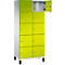 Een hoge, neon groene kast met acht deuren, één deur is open. De kast heeft grijze poten en een witte behuizing.