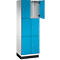 Blauw-witte locker met zes compartimenten, één deur open.