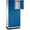 Een blauwe locker met zes compartimenten, waarvan één open.