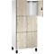 Zesdeurskast met houtlook. Eén deur open, interieur wit. Op zwarte voeten.