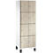 Kast met acht deuren, houtlook, zilveren knoppen, zwarte frames en poten. Op een witte achtergrond.