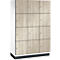 Een kast met 12 deuren. Houtlook met metalen handgrepen. Zwarte basis.