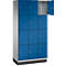Blauwe locker met een open deur. De locker heeft 12 compartimenten, elk met een ronde knop.