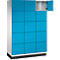 Blauwe kast met meerdere compartimenten, een open.