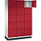 Rode locker met open vak, deur met zilveren knop. Witte behuizing en donkere voet.